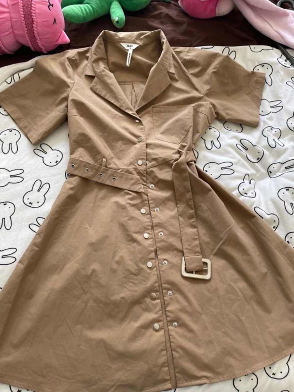 Beige Midi Shirt Dress with Belt